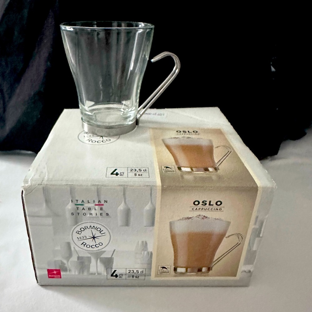 Bormioli Rocco cappuccino cups galsss and metal NIB